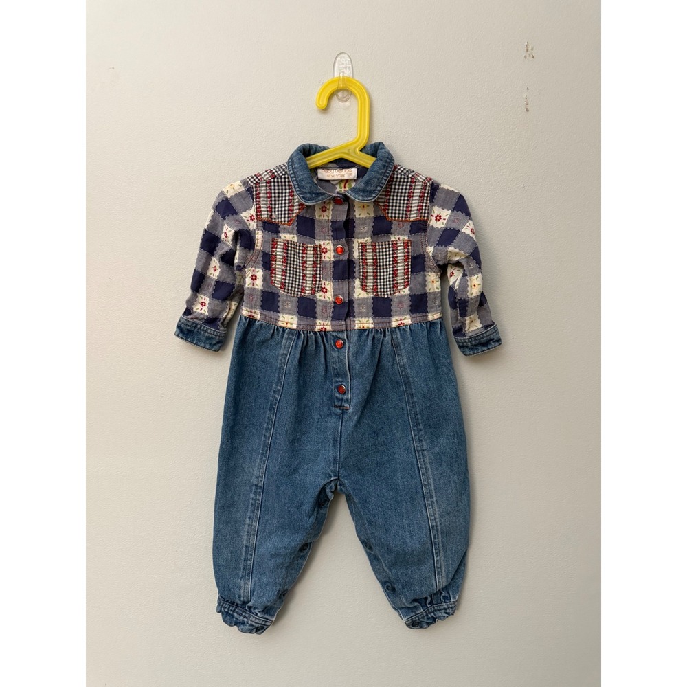 Vintage Baby Beluga Denim Romper Toddler Girls 18 months Gingham Cottagecore 90s